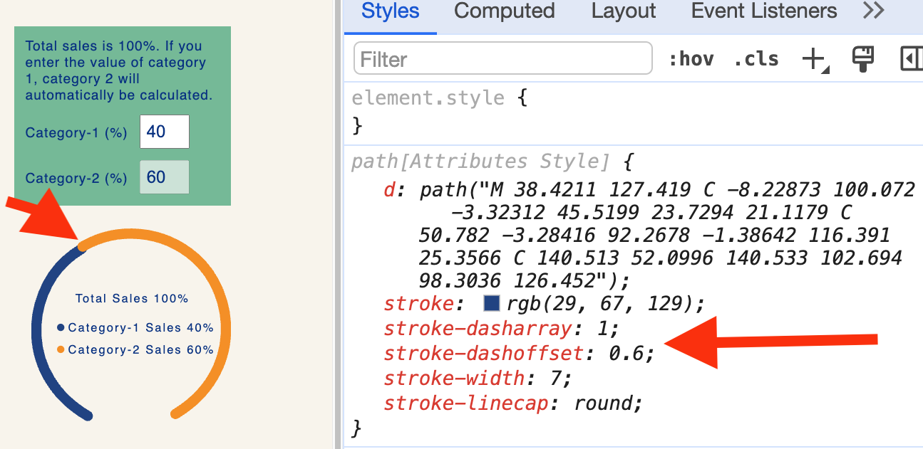 Image showcasing guage and devtool open to showcase used strokeoffset and strokearray values