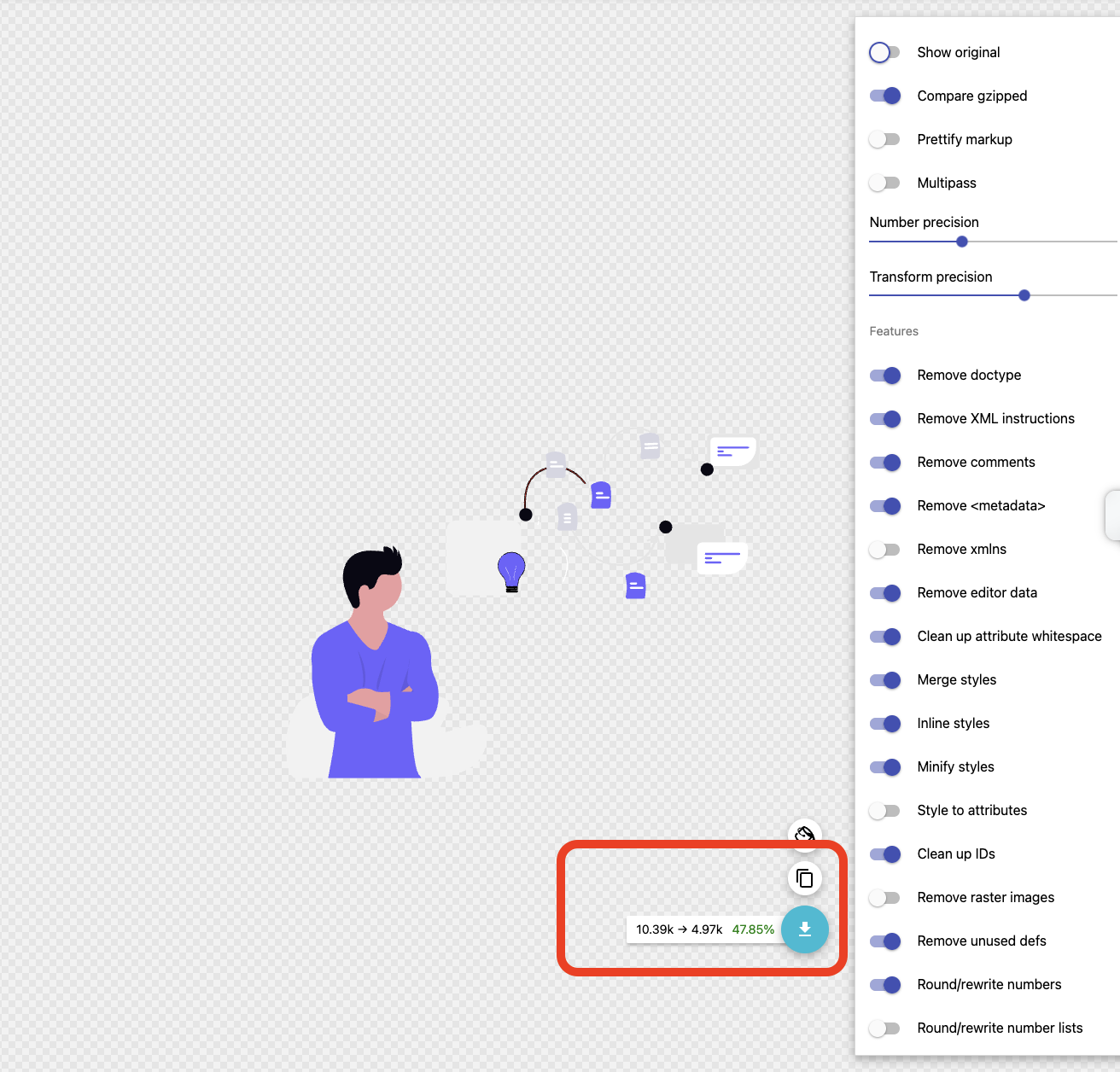 Showing SVGOMG has reduced the file size to 47.85%