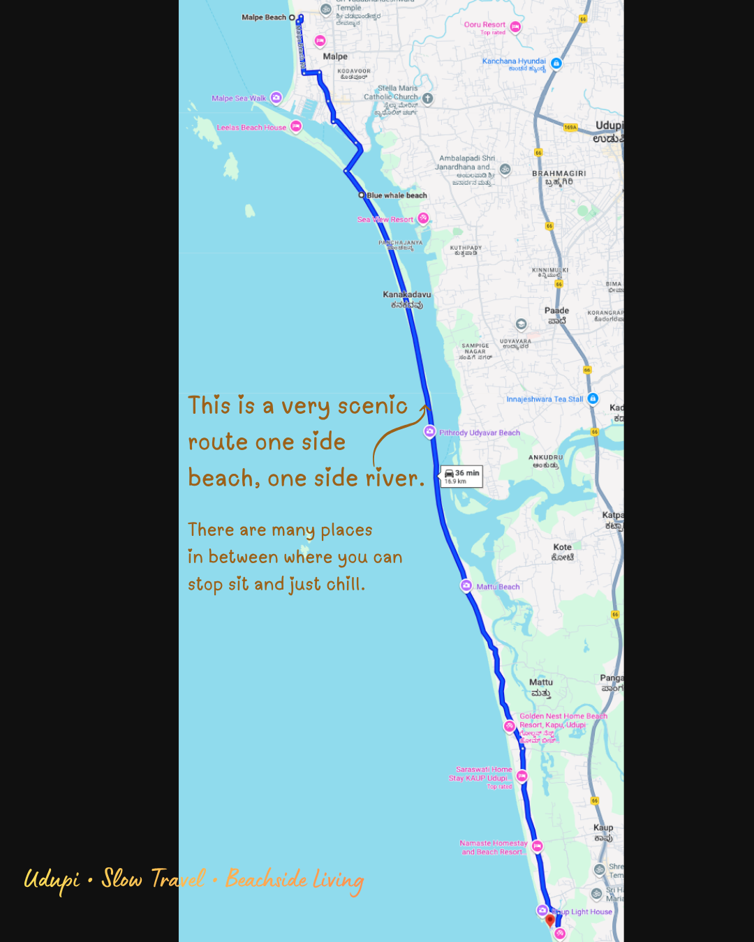 Map showing scenic route between Kapu and Malpe beach